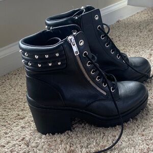 No Boundaries Black Studded Lace-Up Platform Ankle Boots with Side Zipper